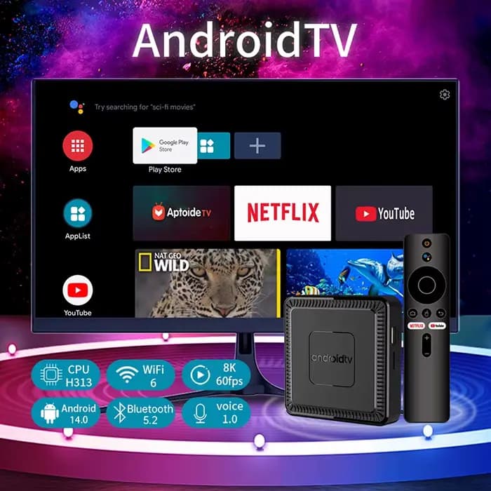 Nouvelle Box TV Intelligente Q7 2025 Android 14 Allwinner H313 2 Go + 16 Go ROM WiFi 6 Double Bande Bluetooth 5.2 Télécommande Vocale Google Lecteur Multimédia