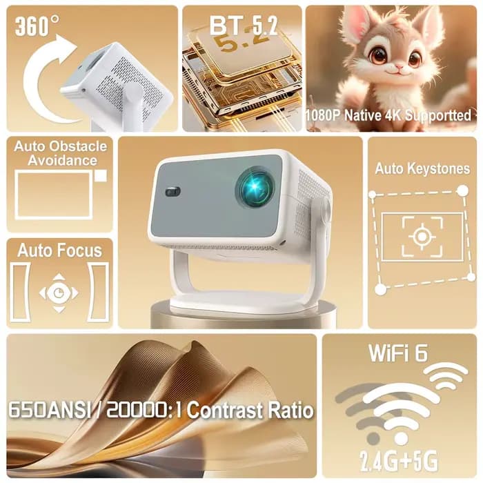 Projecteur Velec TP350 sous licence Netflix 4K 1080P Android 13 650ANSI Wifi6 BT5.2 avec correction automatique de la