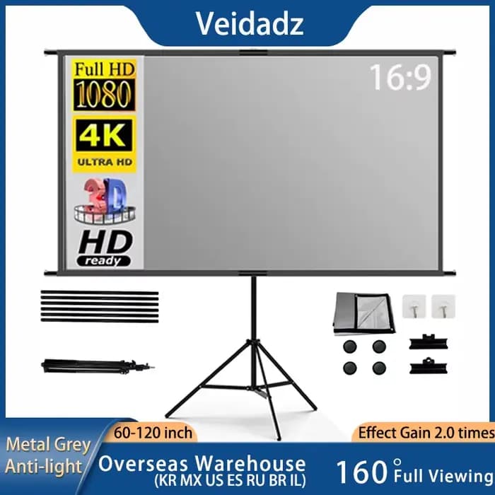 VEIDADZ écran de projecteur avec support métal gris Anti-lumière 60 84 100 120 pouces pour Home cinéma