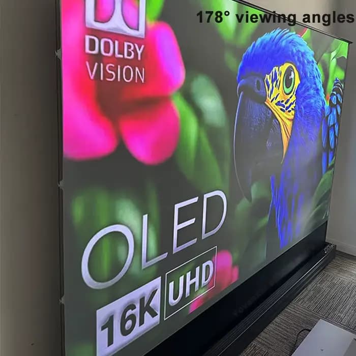 Écran de projection électrique au sol de 120 pouces ALR (rejetant la lumière ambiante) avec tension par languettes pour projecteurs UST 3D 8K