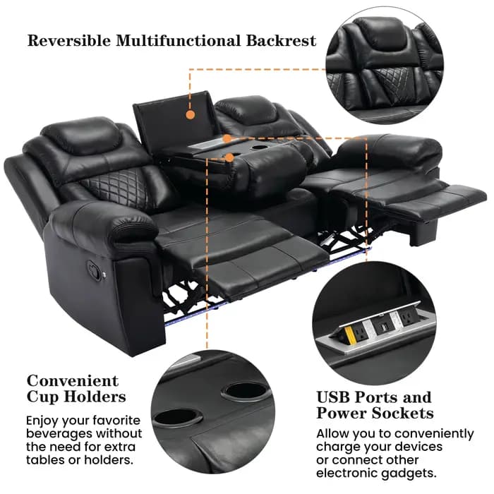 Chaise inclinable noire moderne pour Home cinéma, avec cadre métallique extensible, bande lumineuse