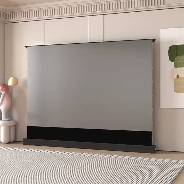 Écran de projection électrique au sol de 120 pouces ALR (rejetant la lumière ambiante) avec tension par languettes pour projecteurs UST 3D 8K