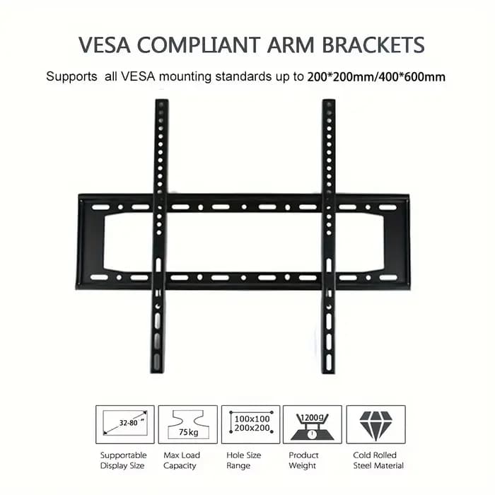 Support mural TV fixe pour la plupart des téléviseurs plats/incurvés de 14 à 32 pouces avec VESA maximum 200 x 200 mm