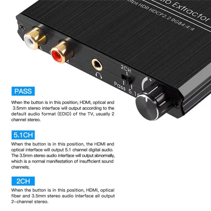 Extracteur Audio HDMI 2.0 optique TOSLINK SPDIF 5.1CH R/L bouton de contrôle du Volume de sortie 4K 60Hz HDR