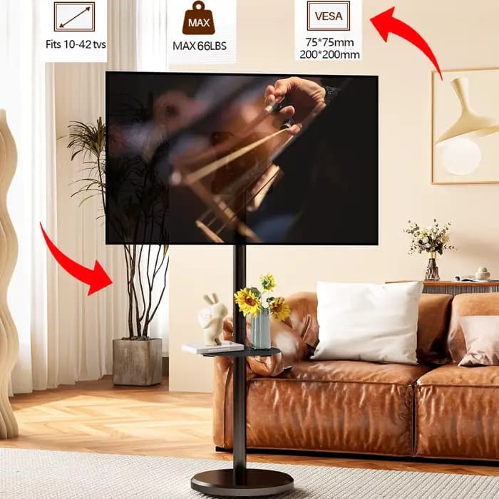 Meuble TV roulant réglable en hauteur pour téléviseur 10-42 pouces jusqu'à 66 livres Portrait vers paysage Chariot de télévision mobile robuste avec étagère