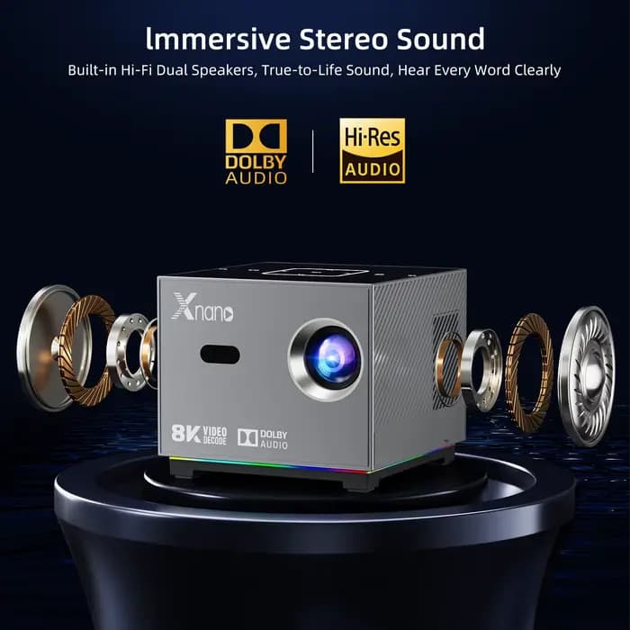 Xnano Portable Smart Projector Native 720P Support 8K Android9.0 190ANSI ARGB Lumière Double WiFi Projecteur de cinéma à domicile