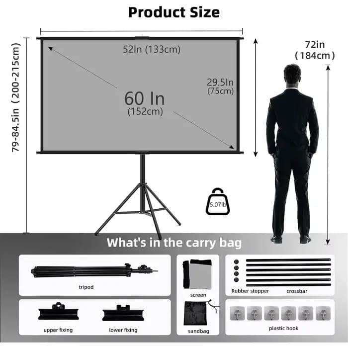 VEIDADZ écran de projecteur avec support métal gris Anti-lumière 60 84 100 120 pouces pour Home ciné