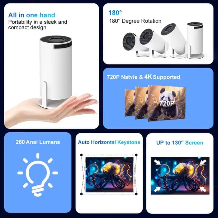 Projecteur HY300 PRO Android 11 8000 Lumens 4K Double Wifi6 260ANSI BT5.4 1080P 1280*720P Home Cinema portable