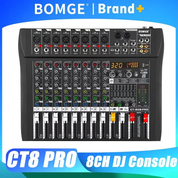 BOMGE Console de mixage audio professionnelle 8 canaux DJ 320 DSP Bluetooth USB Alimentation fantôme 48V Égaliseur 7 bandes Sortie REC Aux Karaoké