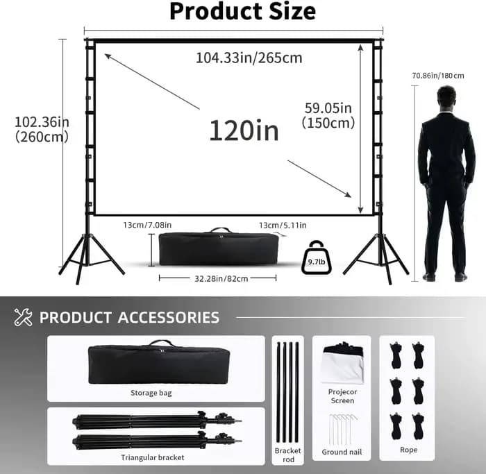 Écran de projection LEJIADA 120 pouces avec support métallique double triangle, blanc, sans plis, 16