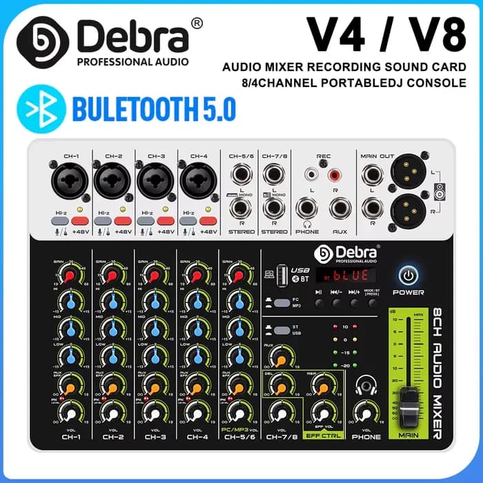 Interface audio V8 avec Bluetooth 5.0 et alimentation fantôme pour enregistrement sur ordinateur