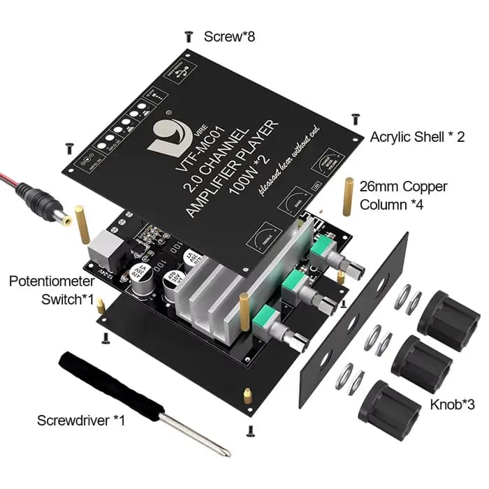 VIRE 2*100W double canal Bluetooth 5.3 carte amplificateur de puissance numérique 2.0 canaux stéréo caisson de basses