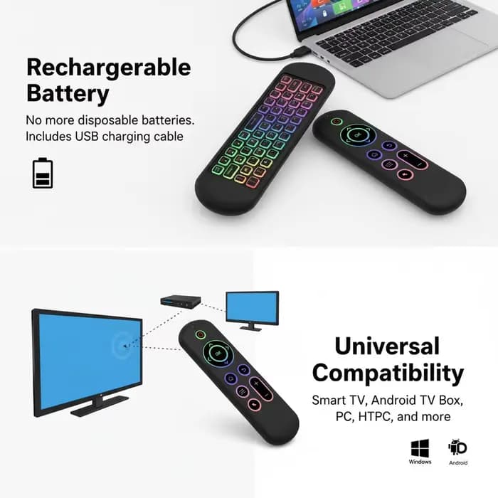 MRSVI Air Mouse télécommande M5 sans fil 2.4G et Bluetooth avec clavier Gyroscope rétroéclairé 7 couleurs pour Smart Android TV Box, PC