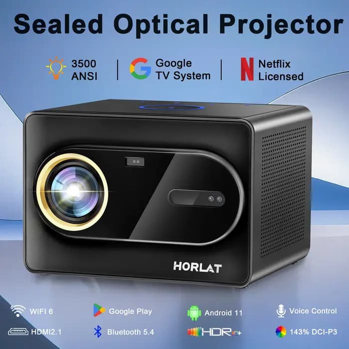 Projecteur optique scellé HORLAT Google TV 3500 ANSI, Bluetooth, commande vocale, mise au point auto