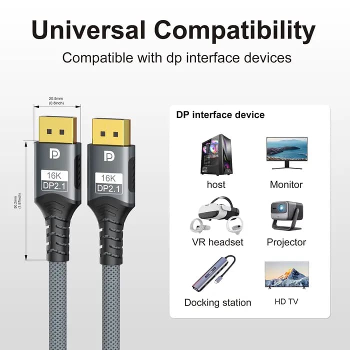 Câble Displayport 2.1 16K DP 8K @ 120Hz/60Hz 4K @ 240Hz 80Gbps