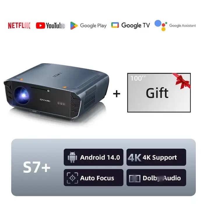 CAIWEI S7+ Projecteur Vidéo 4K Ultra HD 4000 ANSI Home Cinéma Android pour Films Mise au Point Autom