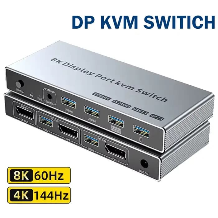 Commutateur KVM Displayport 2 en 1 sortie 8K @ 60Hz 4K @ 144Hz DP1.4 commutateur KVM USB3.0 avec 4 p