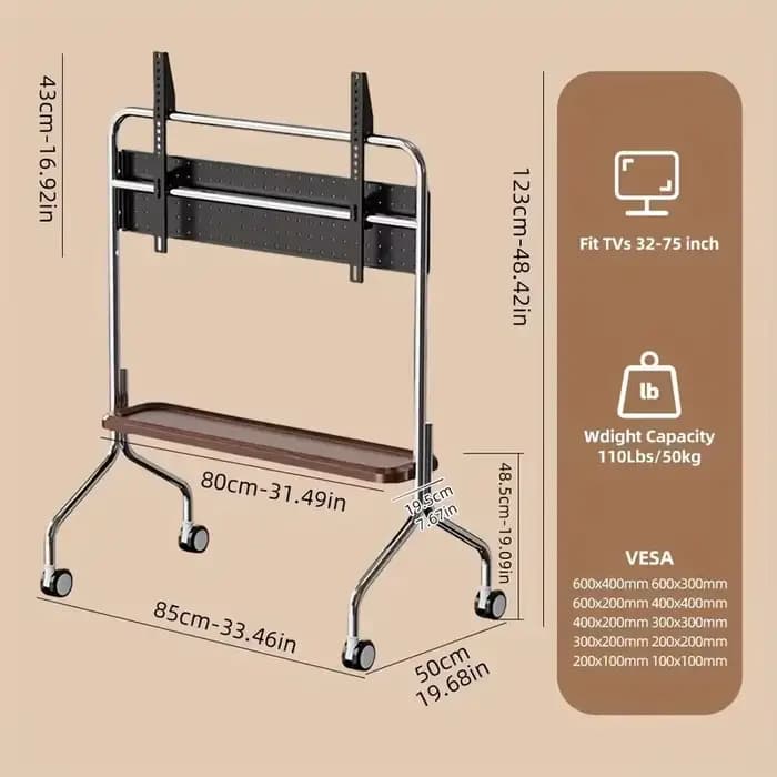Support TV mobile 32-65 pouces en acier inoxydable, chariot TV sur pied gain de place, stable avec s