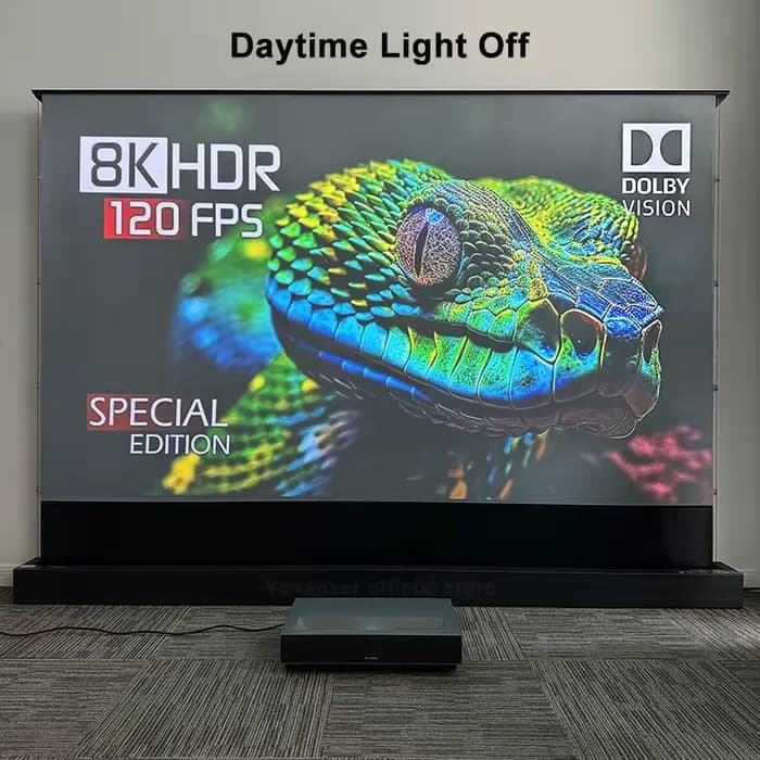 Écran de projection électrique au sol de 120 pouces ALR (rejetant la lumière ambiante) avec tension par languettes pour projecteurs UST 3D 8K