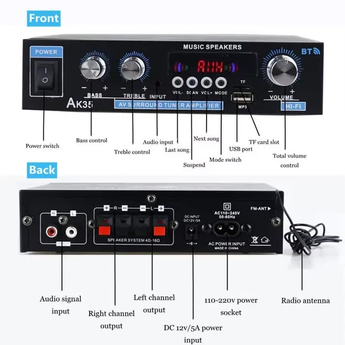 800W amplificateurs de puissance à domicile 2 canaux Bluetooth 5.0 son Surround FM USB télécommande Mini amplificateur