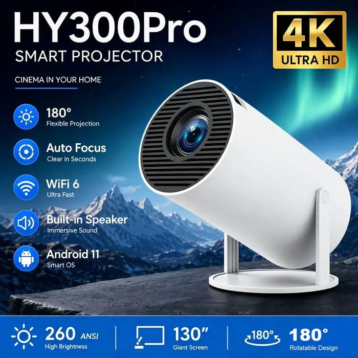 Projecteur HY300 PRO Android 11 260ANSI 4K Double Wifi6 BT5.4 1080P 1280*720P 8000 Lumens Home Cinema portable