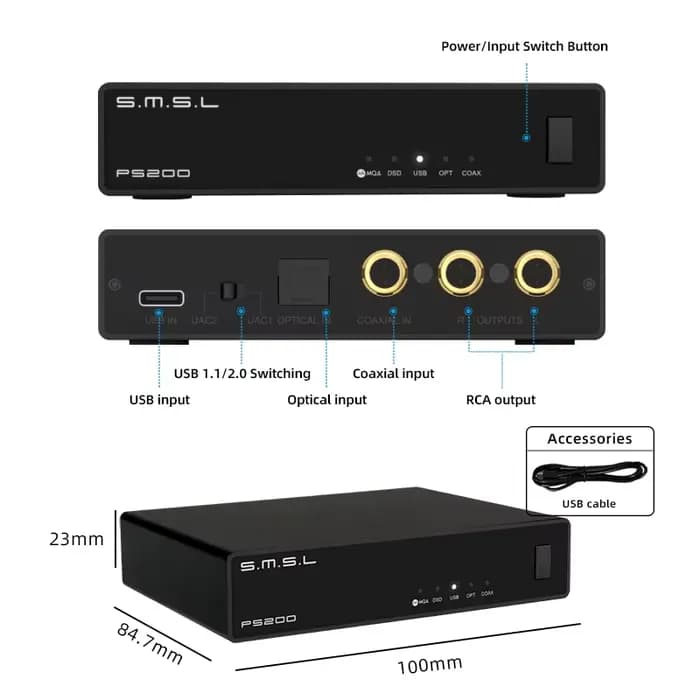 SMSL PS200 PRO DAC convertisseur Audio multifonctionnel DAC haute résolution MQA DSD512 double décodeur ES9039Q2M pour la musique de voiture à domicile