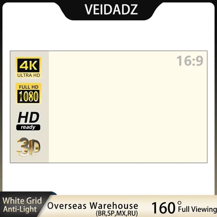 Écran de projecteur VEIDADZ 60 72 84 100 120 130 po grille blanche anti-lumière 160 ° Film extérieur intérieur d'écran
