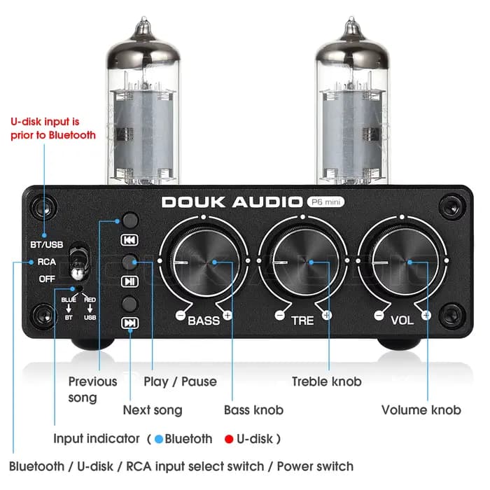 Douk Audio-Préampli à Tube à Valve HiFi Bluetooth 5.0