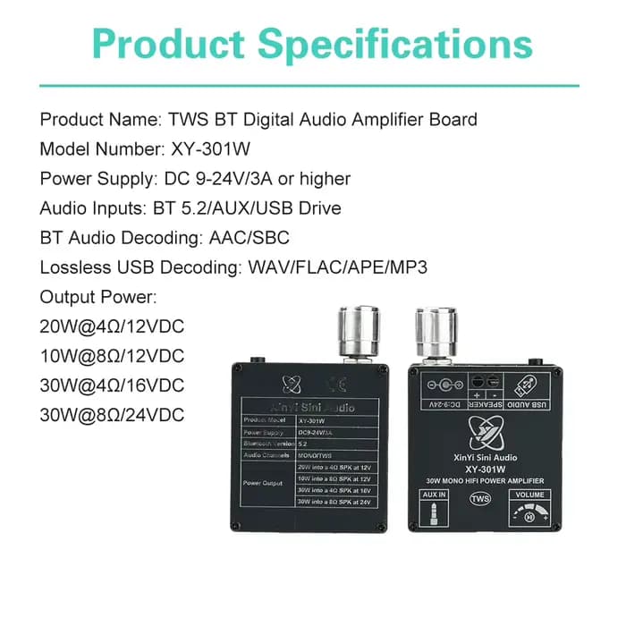 Amplificateur BT DC 9-24V XY-301W Mono 30W