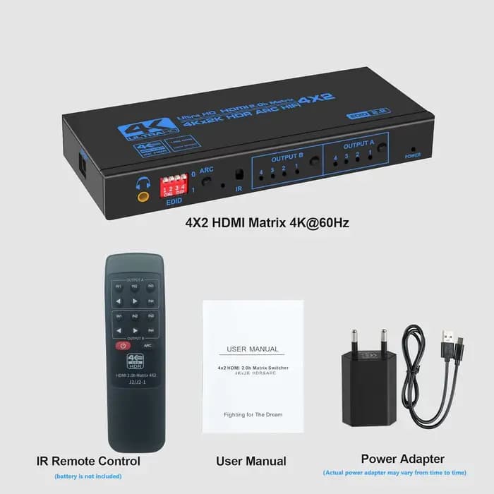 Matrice HDMI 4x2 avec audio 4K 60Hz, commutateur matriciel HDMI 4 entrées 2 sorties, HDCP 2.2, EDID,