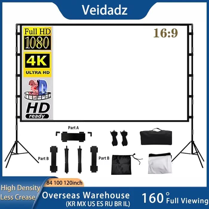 VEIDADZ écran de projecteur avec support blanc doux moins de plis 60 84 100 120 pouces avec sac de transport pliable