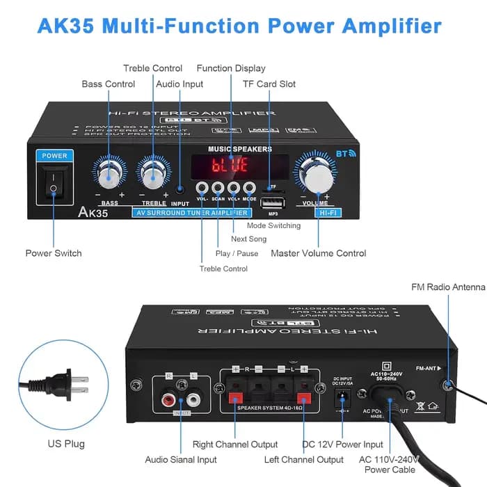 Amplificateur de puissance domestique AK35 800W 2 canaux Bluetooth 5.0 Son surround FM USB Télécommande Mini