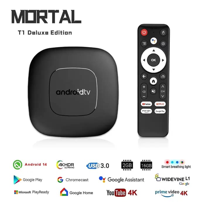 Boîtier TV Home Cinéma Intelligent Mortal T1 2024 Bluetooth Google Assistant Android 13 Allwinner H313 2.4G&5G Wifi 4K HDR10 Netflix