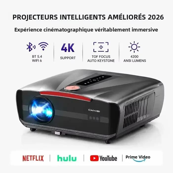 Projecteur intelligent 4K certifié Netflix, résolution native 1080P, audio Dolby, WiFi6, Bluetooth,